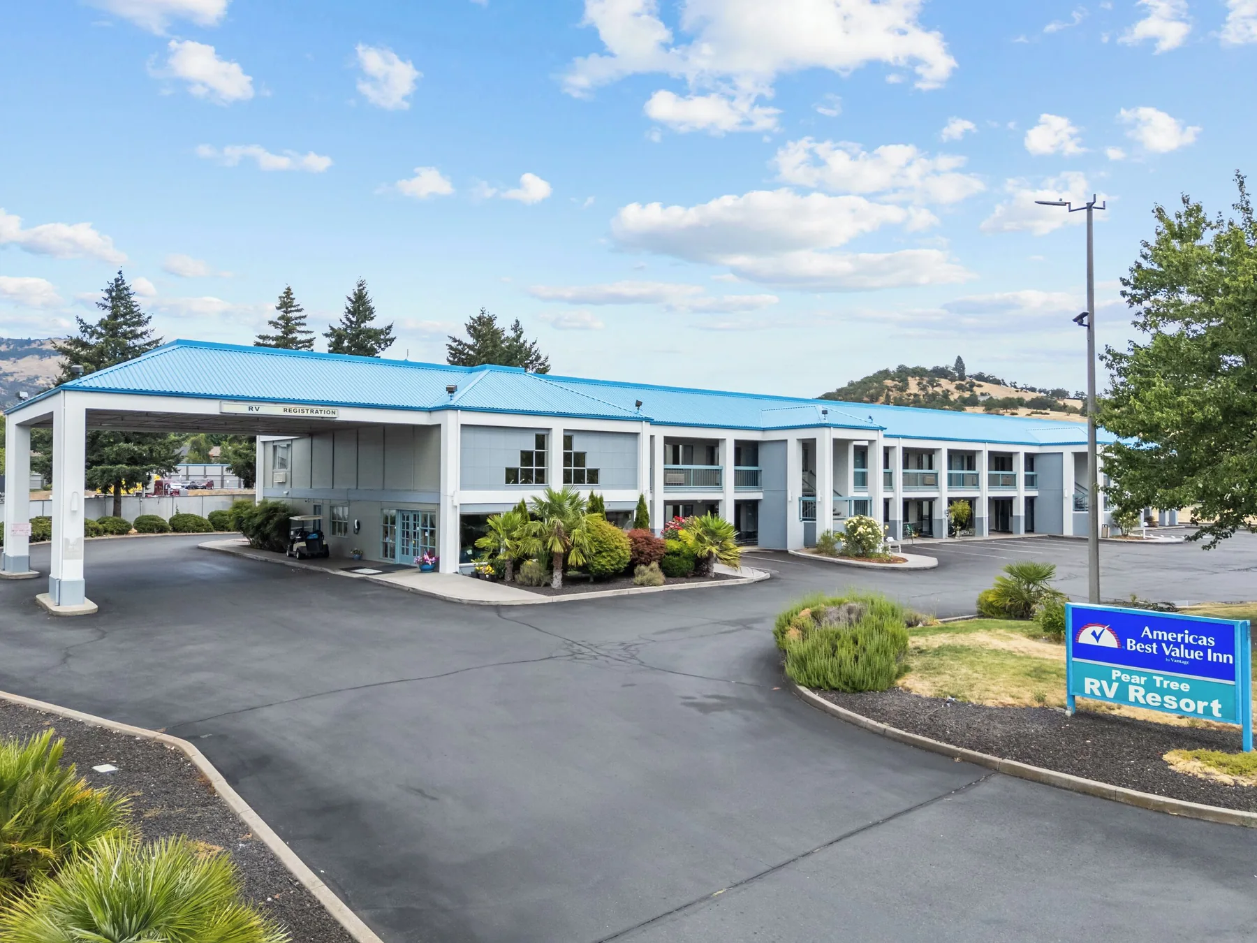 Hotel entrance and parking area